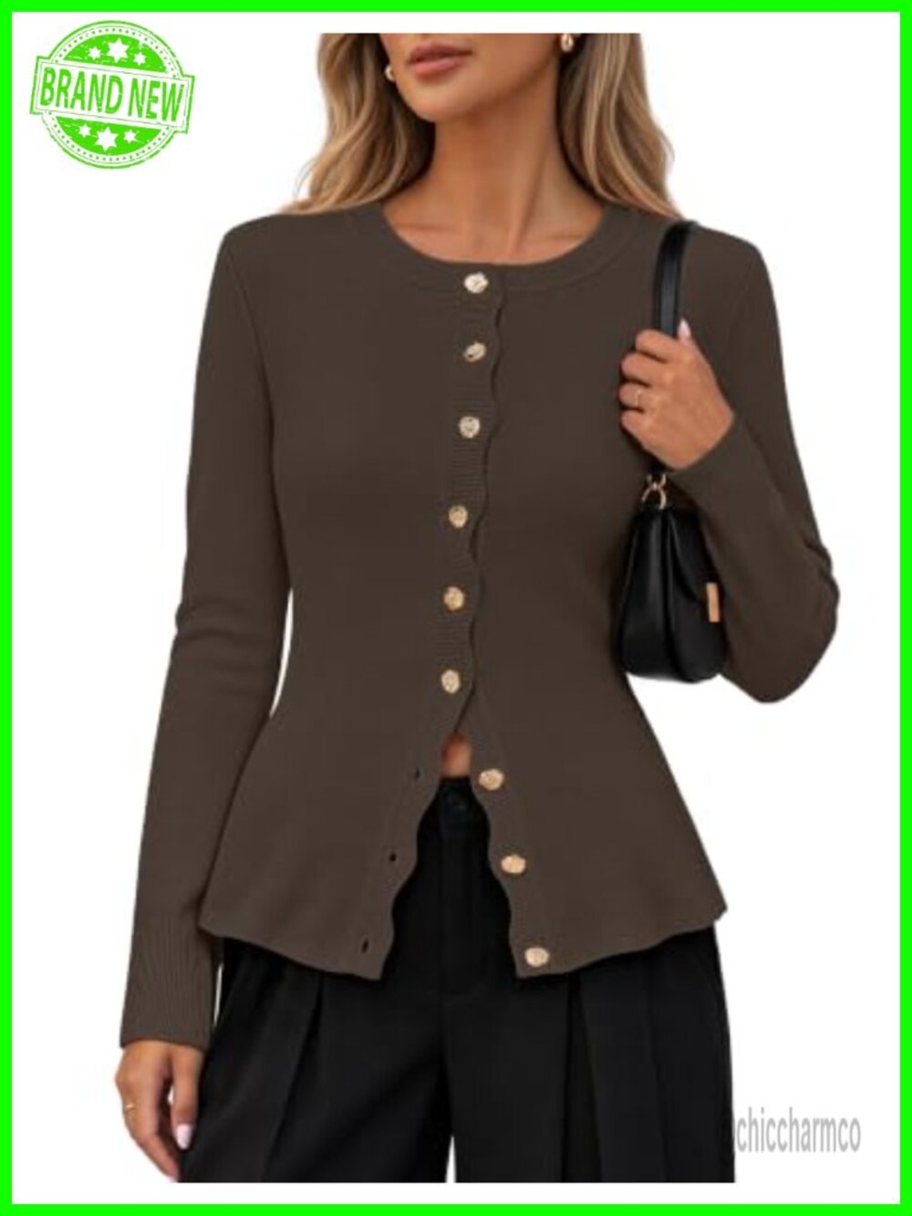 Women's Long Sleeve Button Up Knit Cardigan Sweater Crew Neck Slim Fit